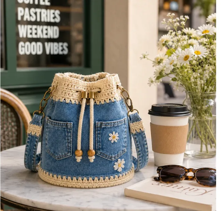 Denim Crochet Bucket Bag