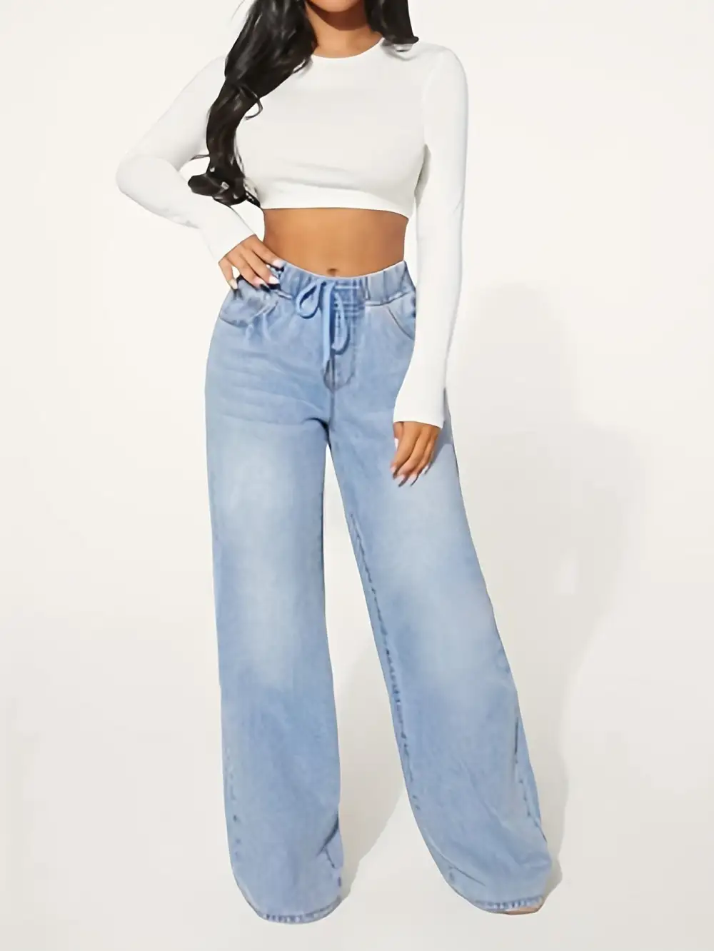 Distressed Baggy Jeans: Relaxed Comfort (Blue Denim, Drawstring Waist)