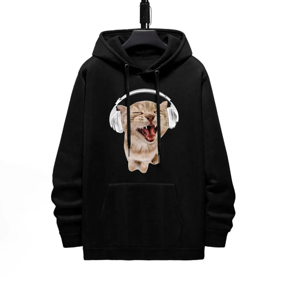 CUTE CAT LISTENING MUSIC PATTERN PRINTED HOODIE