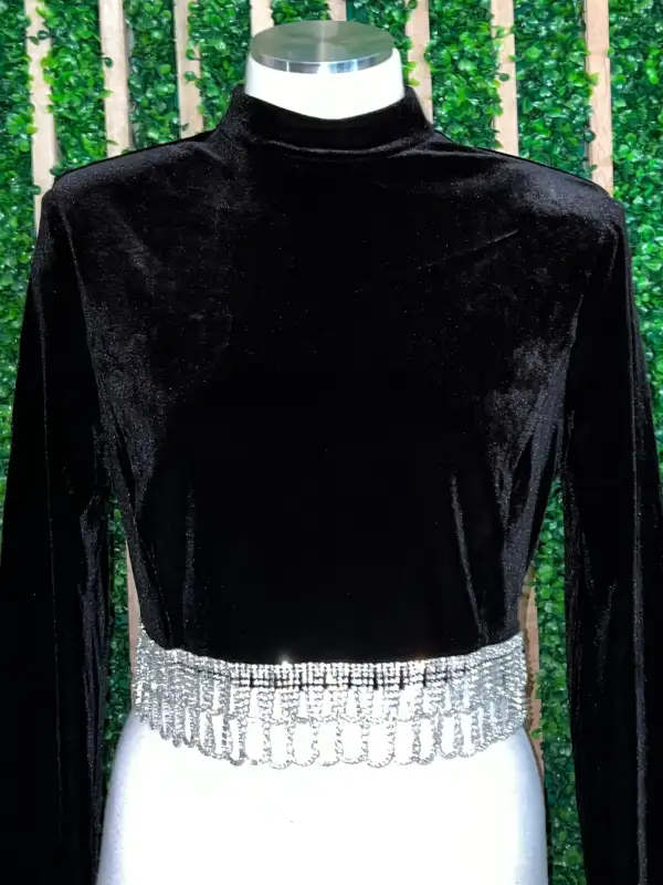 Rhinestone Trim Velvet Mock Top