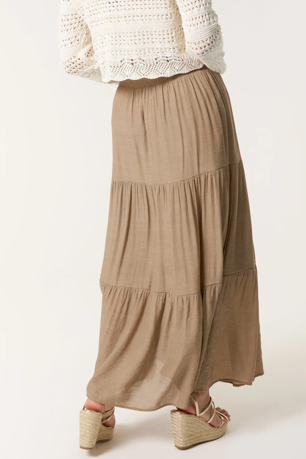Women's Light Brown Pleated Waist Cake Layered Long Skirt