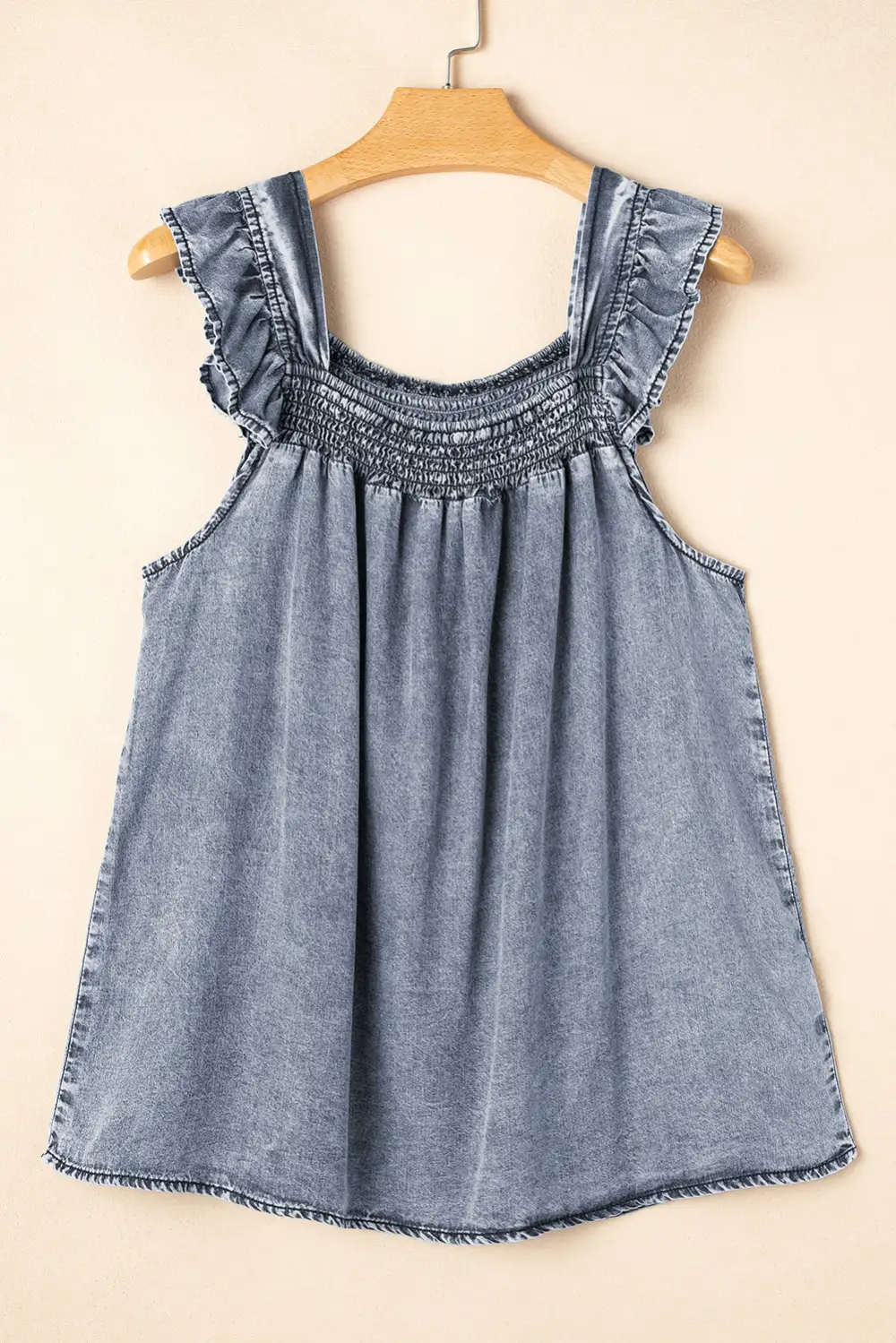 Ruffled Shirred Neckline Sleeveless Denim Tank Top