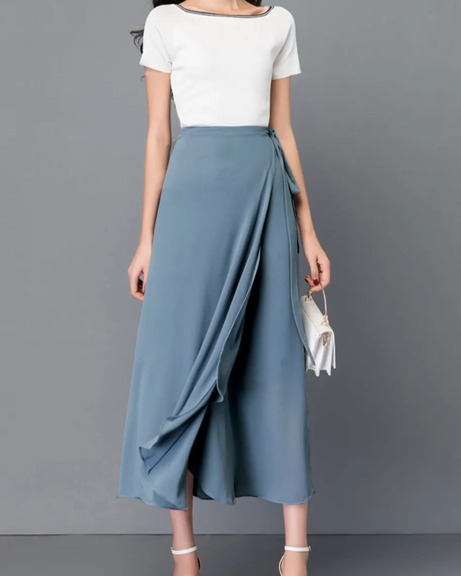 Belted Chiffon A Line Midi Skirt