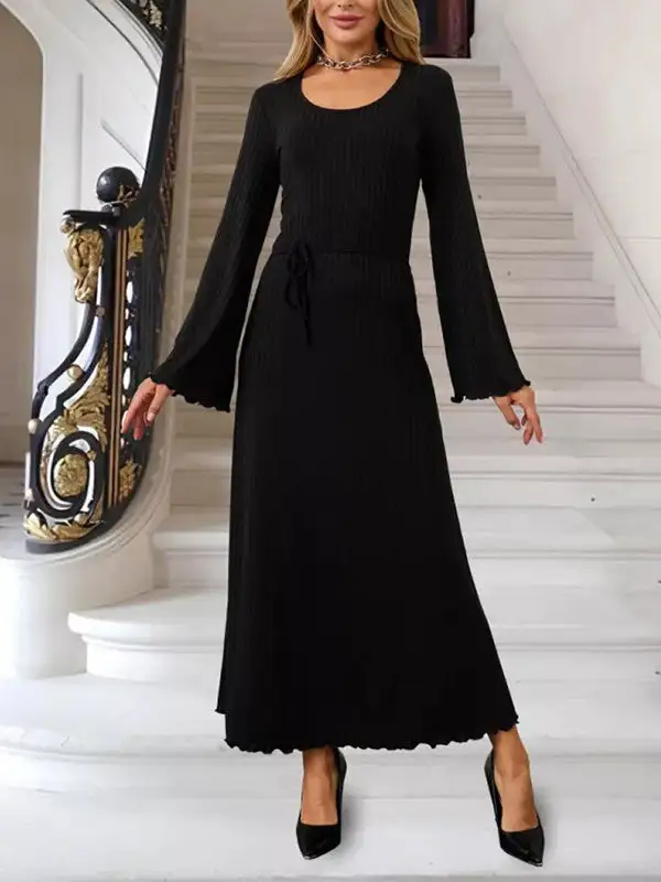 Sleeves Pleated Ruffled Long Neck Maxi Dress