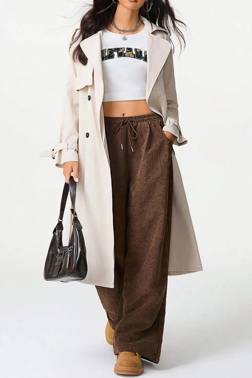 Drawstring Flannel Wide Leg Pants