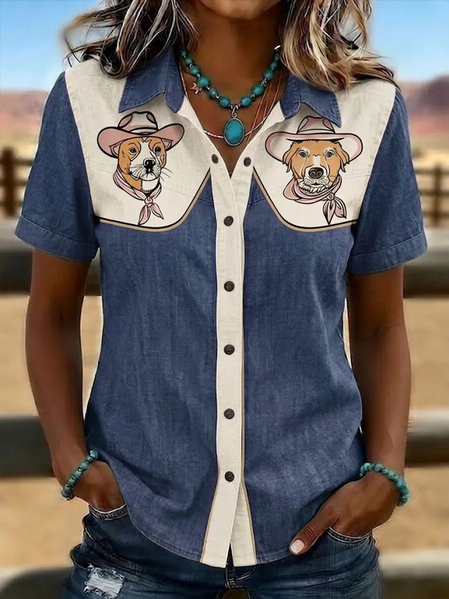 Women'S Retro Western-Style Print Short-Sleeved Shirt