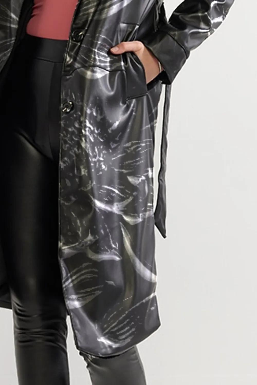 Lacy Long Faux Leather Trench Coat