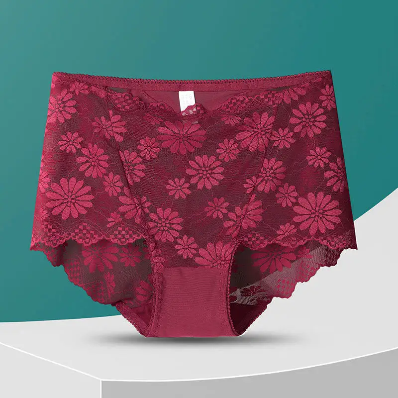 Plus Size High Waist Lace Trim Breathable Panty