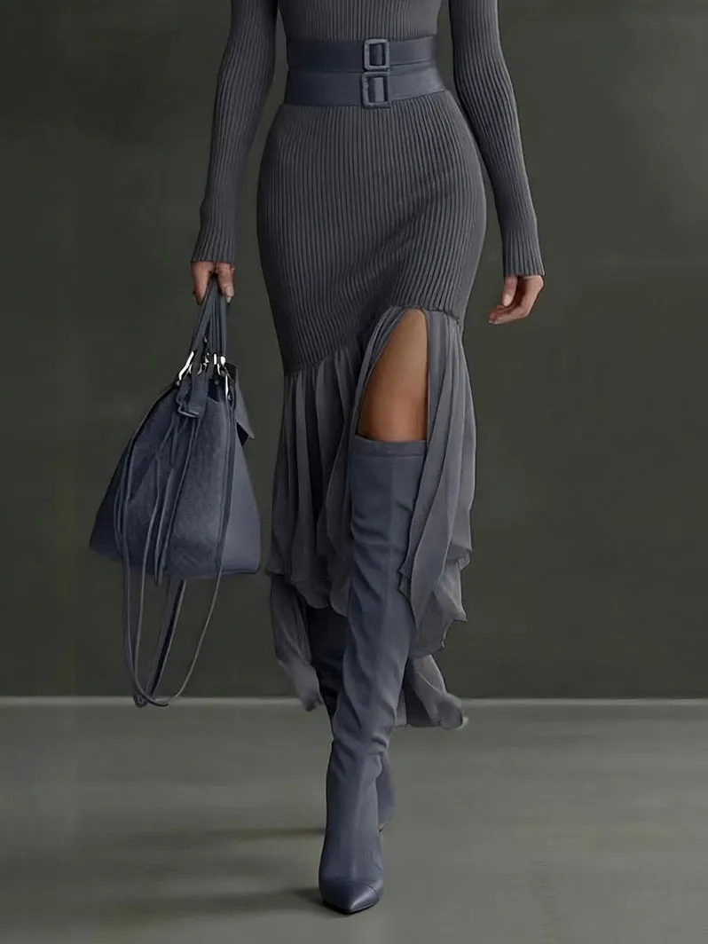 Elegant Asymmetrical Ruffled Knit Shirt Midi Dress