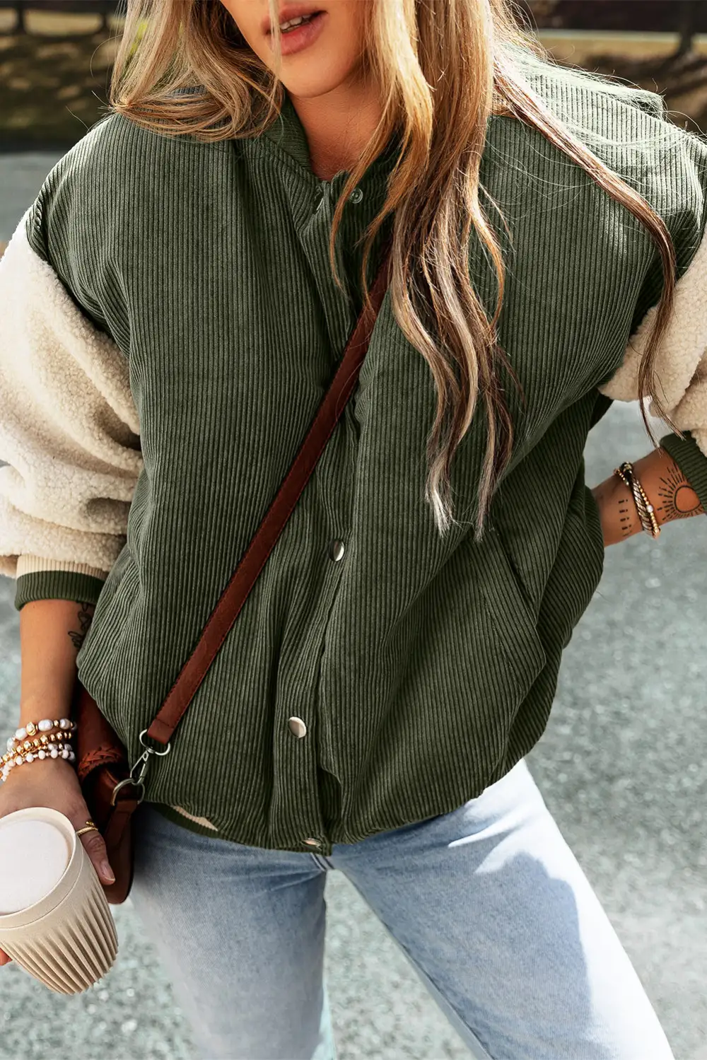 Fleece Corduroy Button Front Bomber Jacket