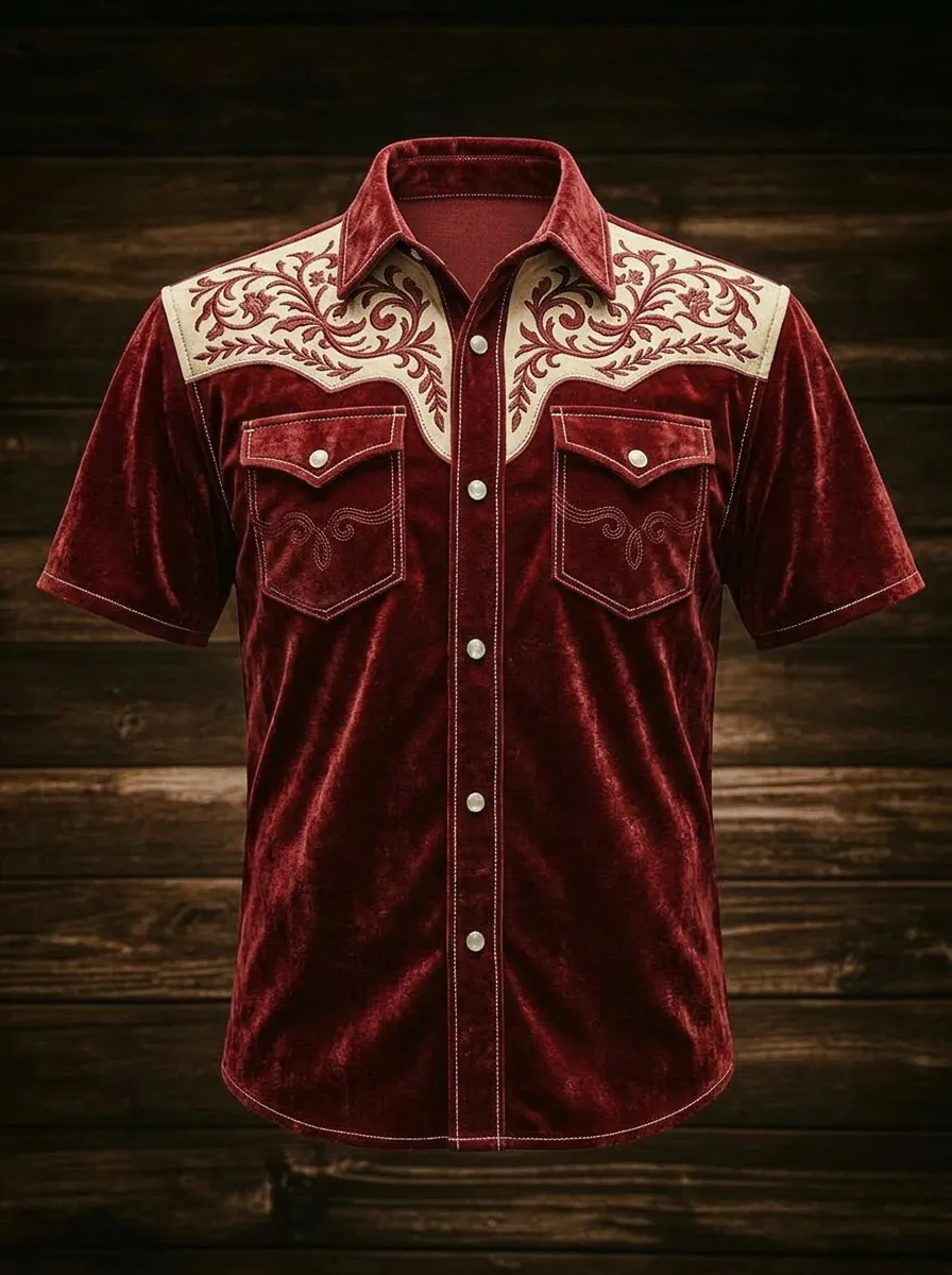 Men's Western Style Floral Embroidery Velvet Printed Shirt
