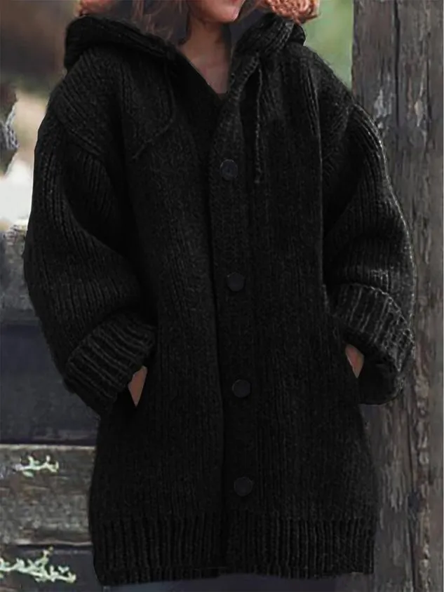 Button Down Hooded Knitted Cardigan Plus Size Knit coat