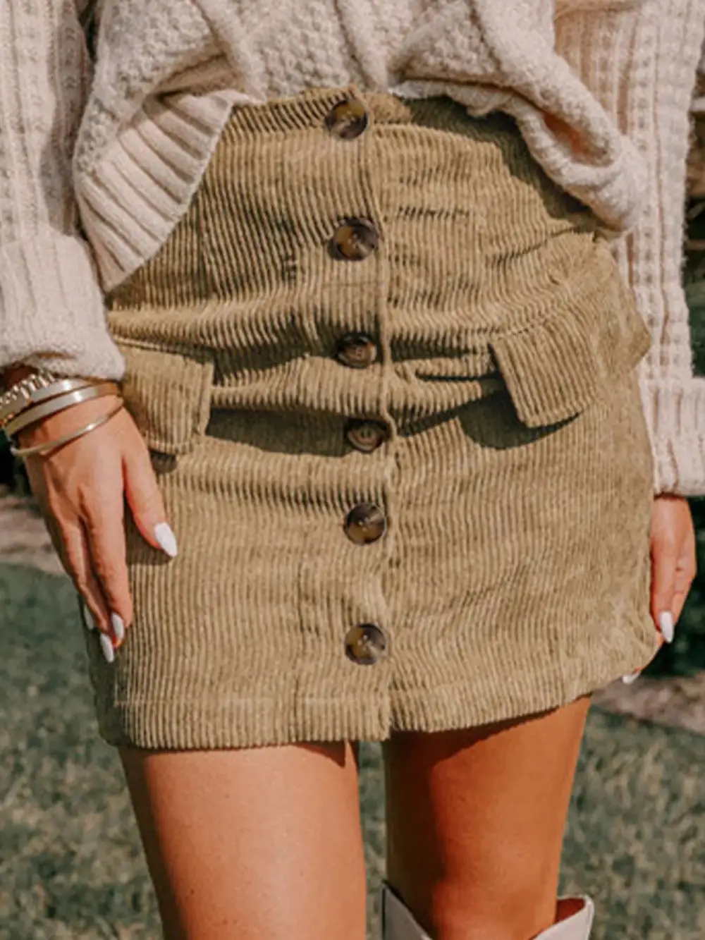 Button Front Corduroy Mini Skirt
