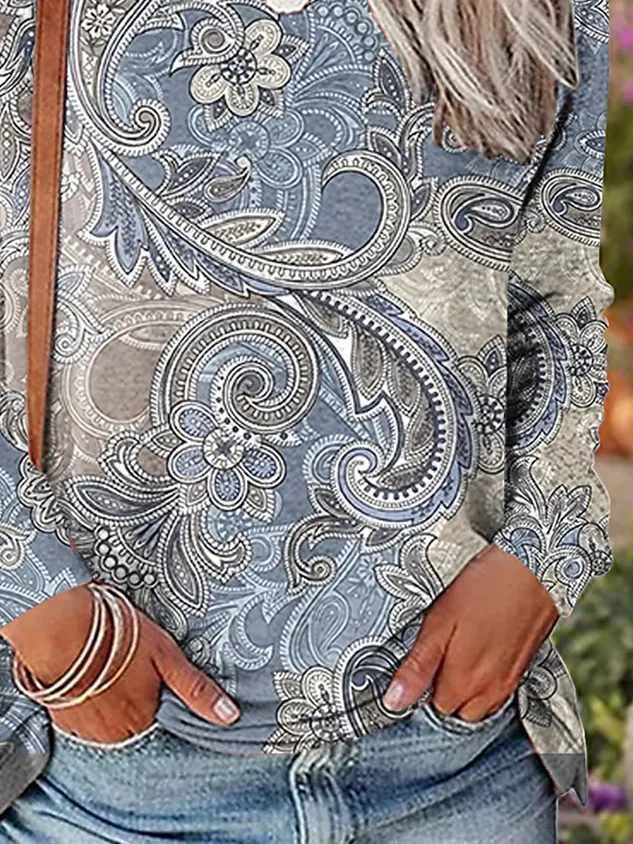 Casual Paisley Crew Neck Long Sleeve T-shirt