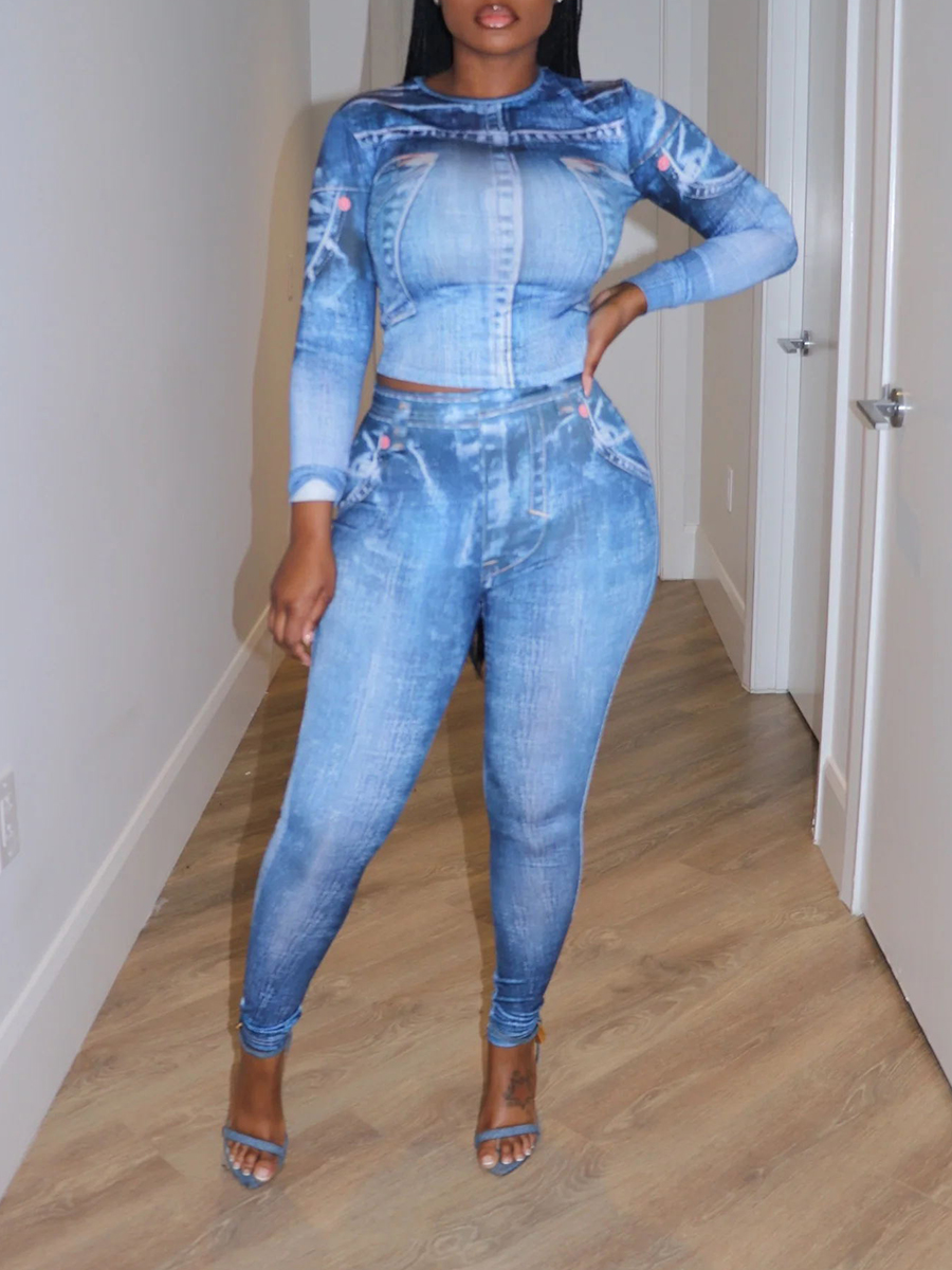 Denim printed top and leggings set