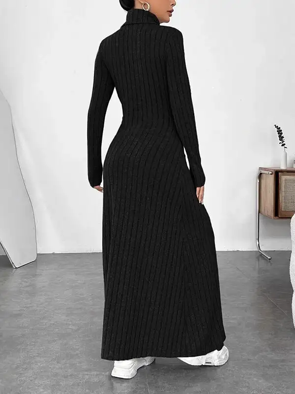 Split Pleated Long Neck Maxi Dress