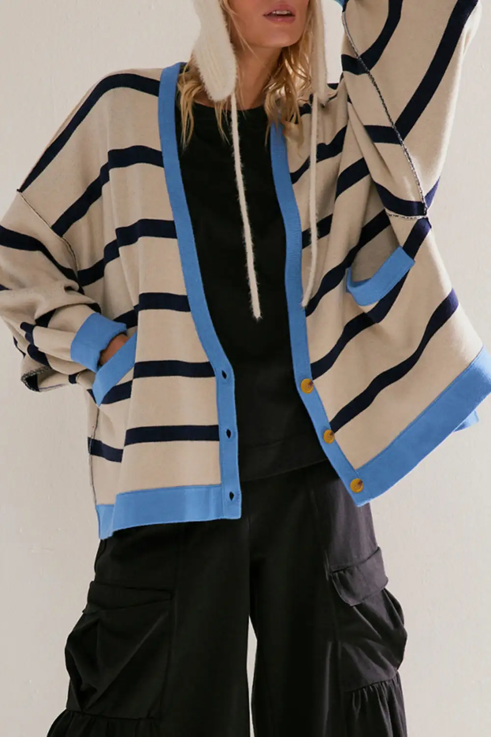 Color Block Drop Shoulder Buttoned Loose Cardigan
