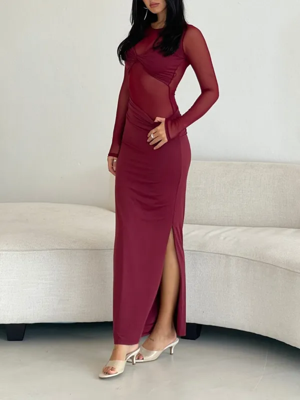 Sheer Slit Round Neck Long Sleeve Dress