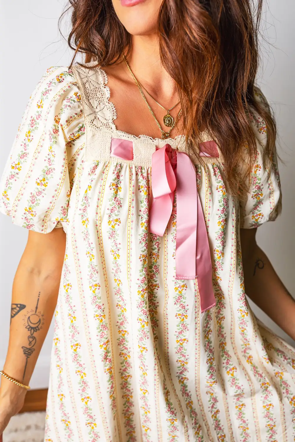 Gathered Detail Floral Printed Ribbed Mini Dress