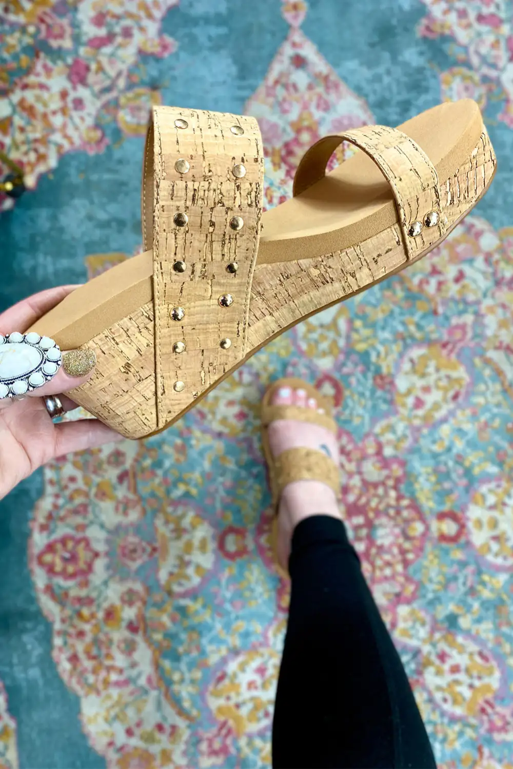Rivet Double Straps Wedge Slide Slippers