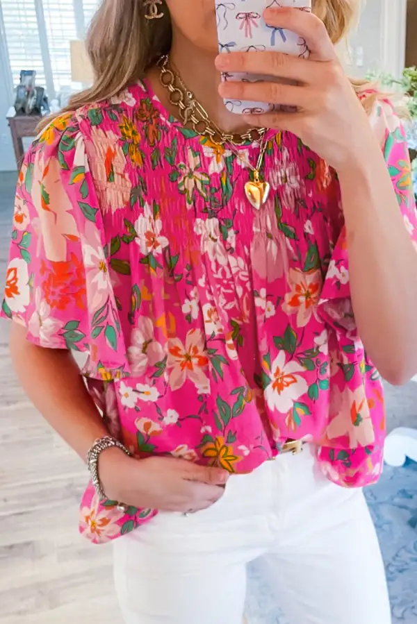 Floral Smocked Short Sleeve Blouse