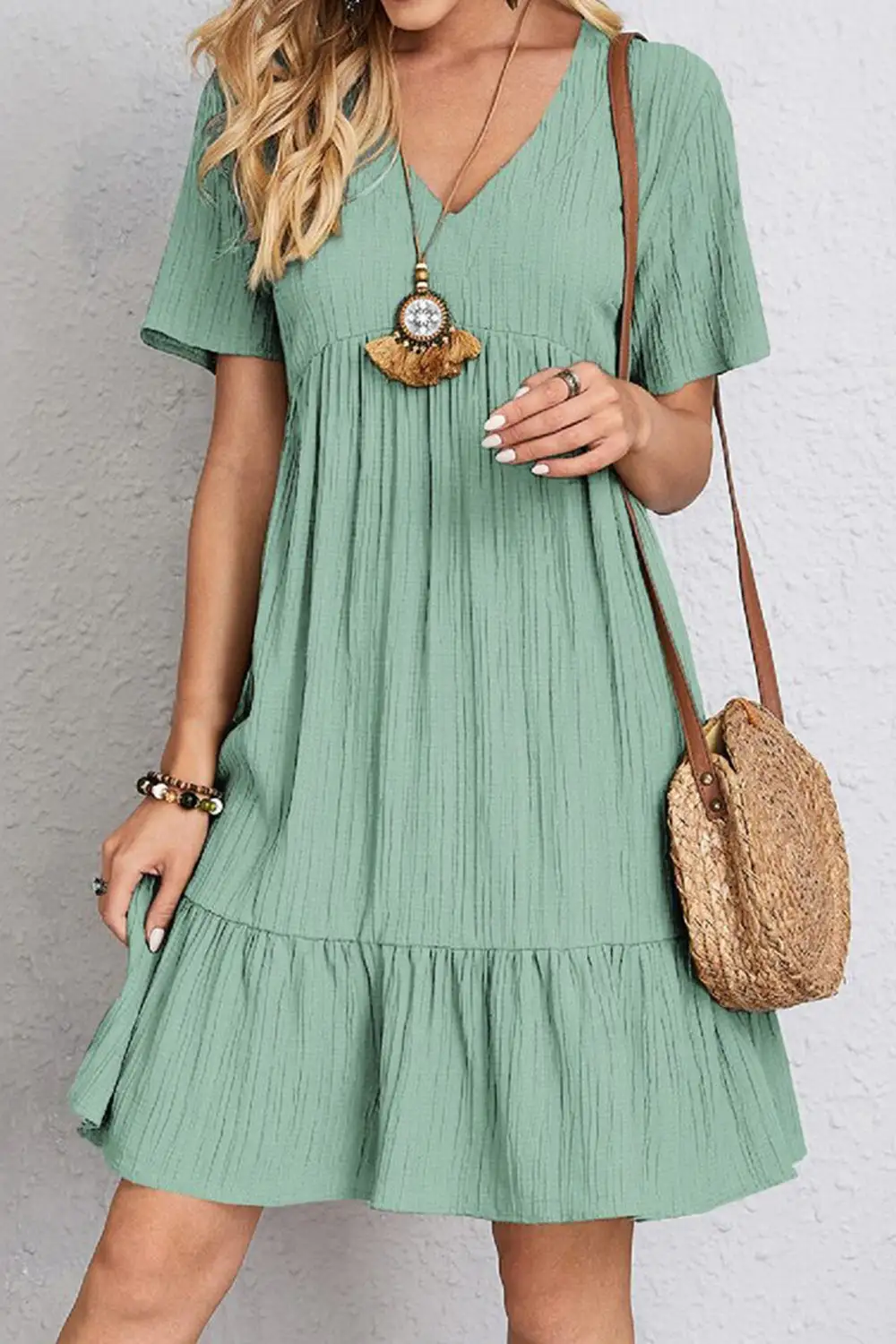 Boho Chic  Plus Size Ruched V-Neck Short Sleeve Dress