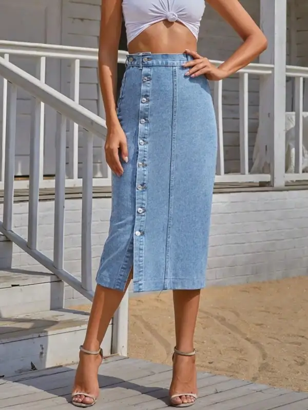 Modern Denim Button Front Skirt