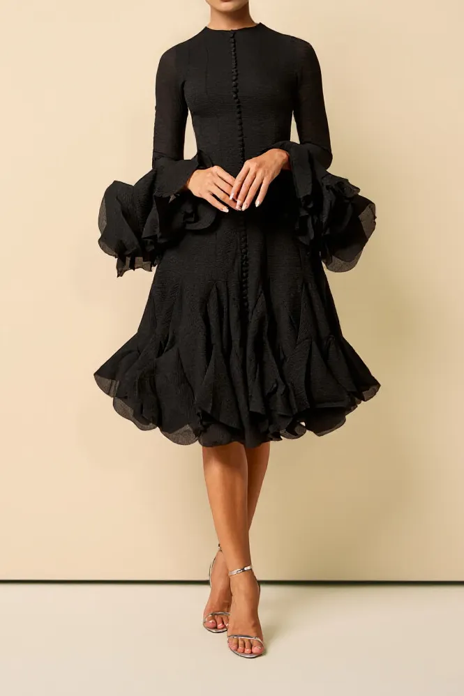 Elegant Ruffle Trimmed Bell Sleeve Midi Dress