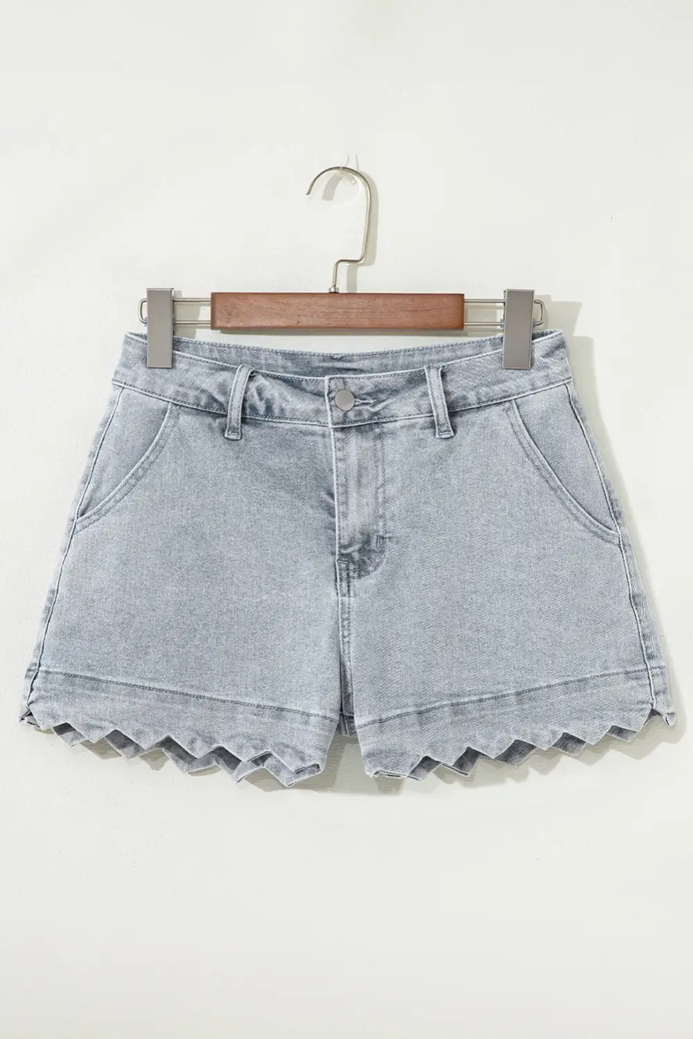 Relaxed Scalloped Hemline Acid Wash High Waist Denim Shorts