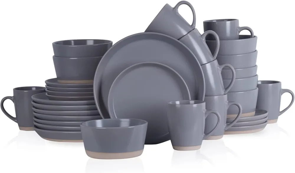 Stone Lain 32 Piece Glazed Stoneware Dinnerware Set, Service 8, Blue and Black