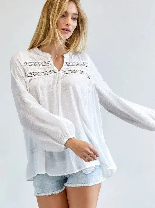 Joy in the Little Things V-cut Long Sleeve Casual White Blouse