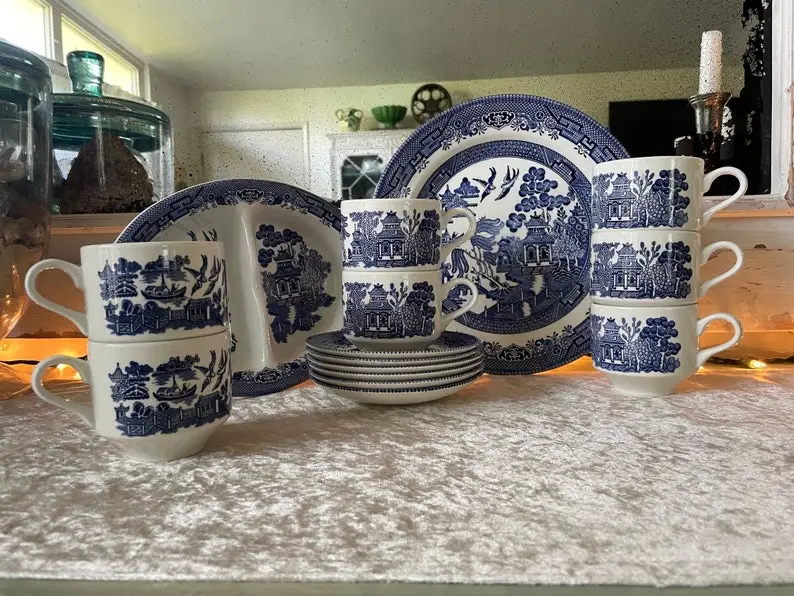 Churchill Blue Willow Set, Plate, Hors d'oeuvre, Teacups and Saucers, Cottagecore