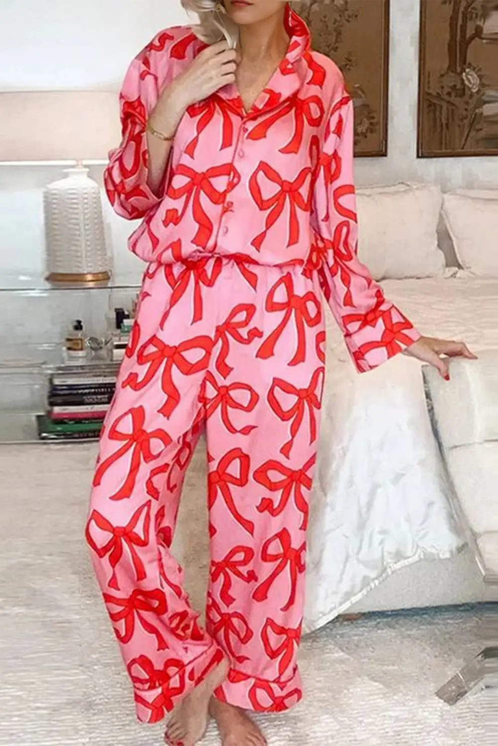 Bow Print Long Pajama Set