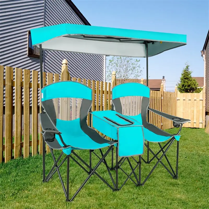 Folding Double Camping Chairs with Shade Canopy Portable Beach Chairs with Cup Holder