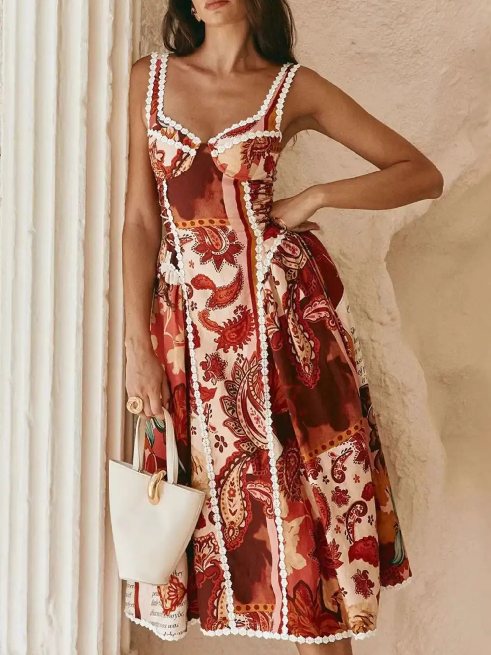 Paisley Print Lace Midi Dress