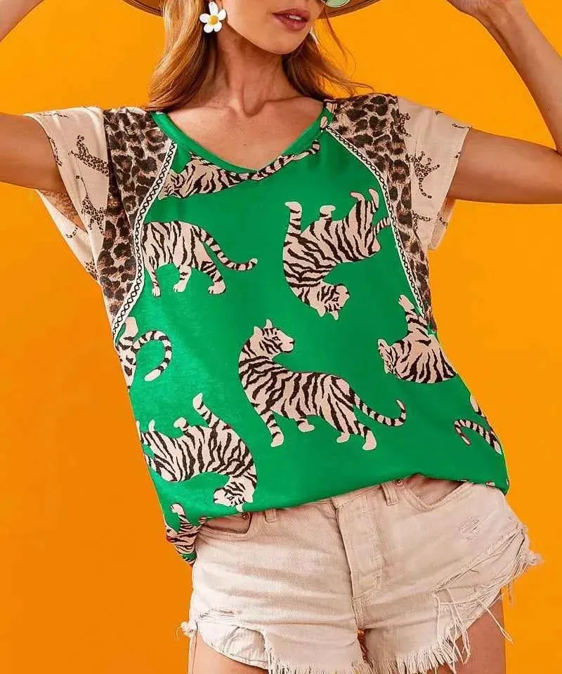 Tiger Printed Jersey Block T-Shirt with Aztec Trim