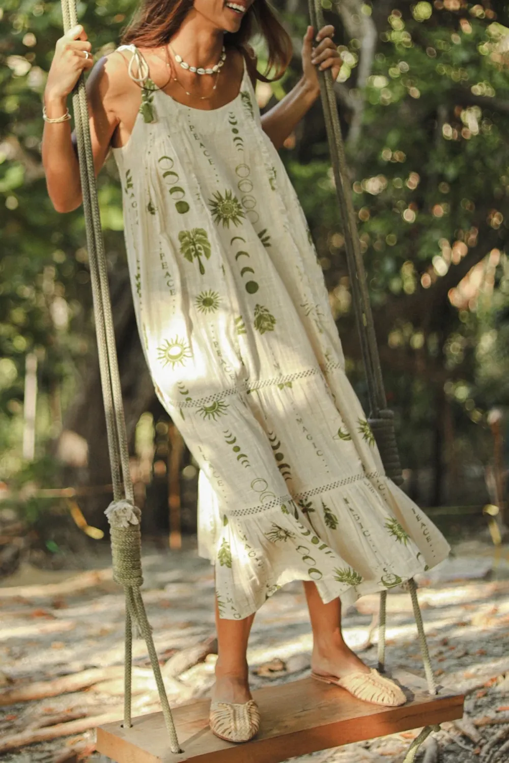 Cream Colored Palm Print Ruffled Midi Dress