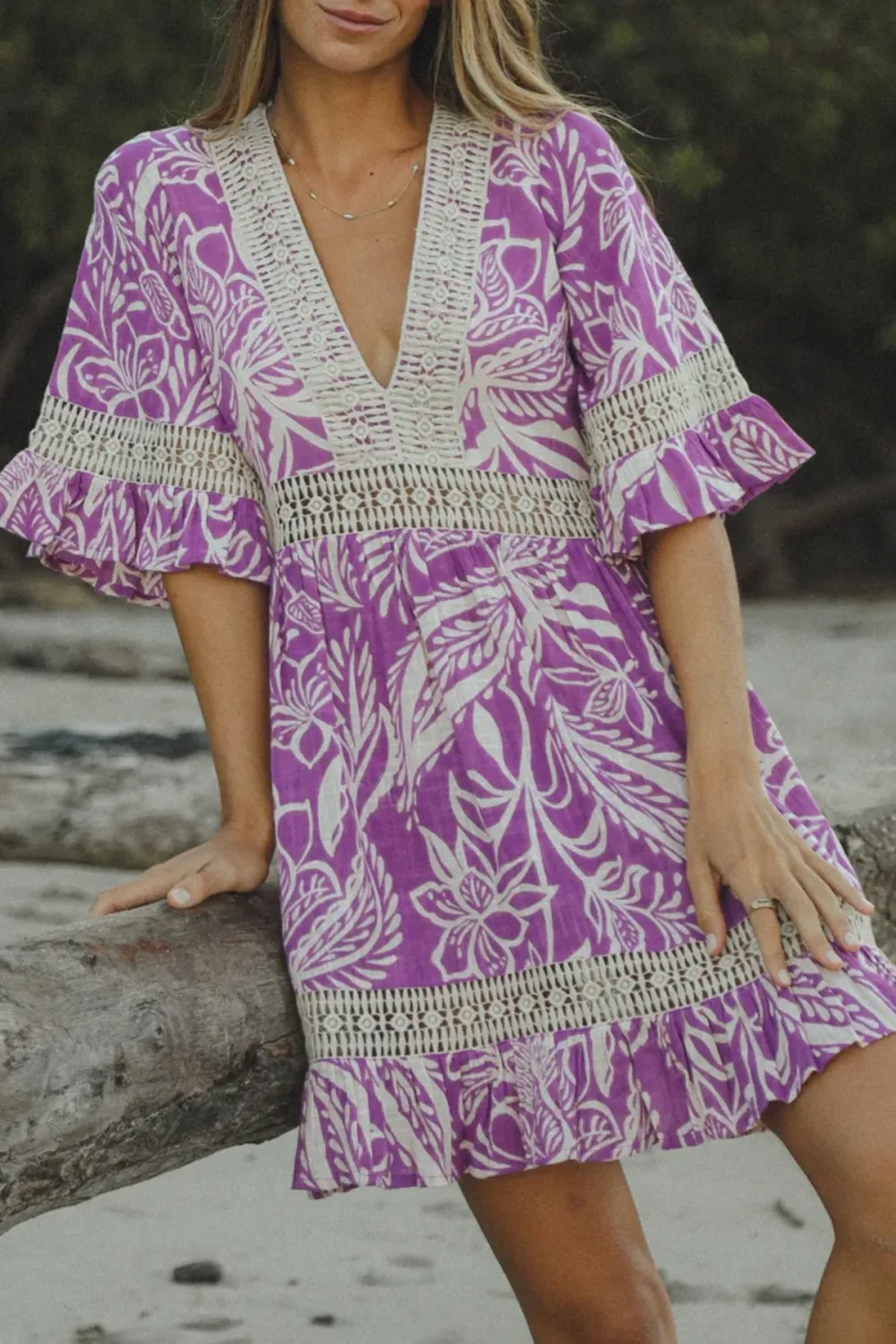 Purple And White Floral Print Mini Dress