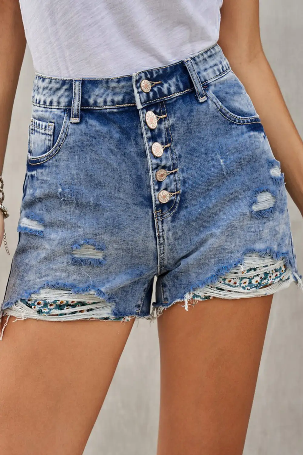 Floral Splicing Button Fly Distressed Denim Shorts