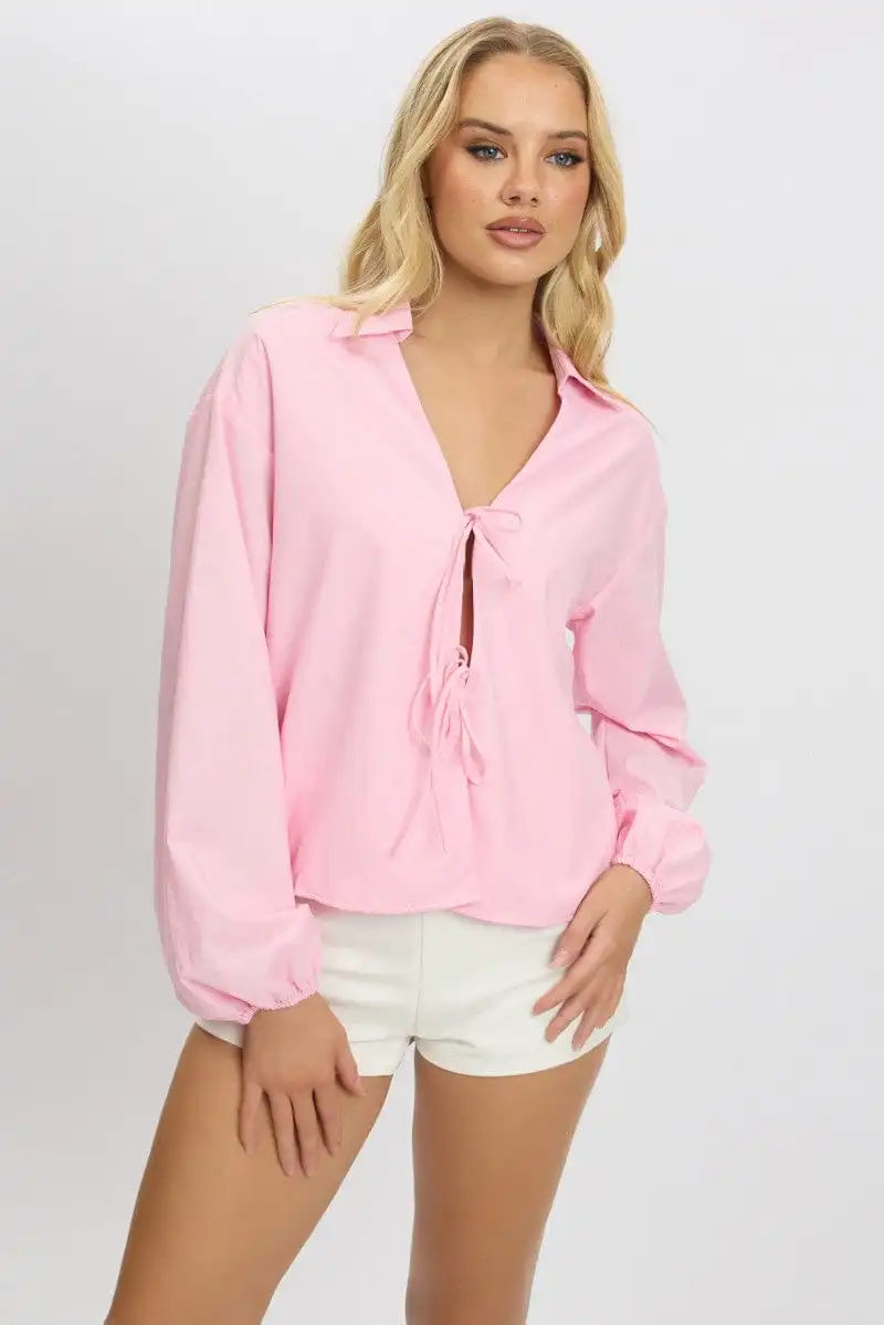 Pink Tie  Up Front Top Long Sleeve