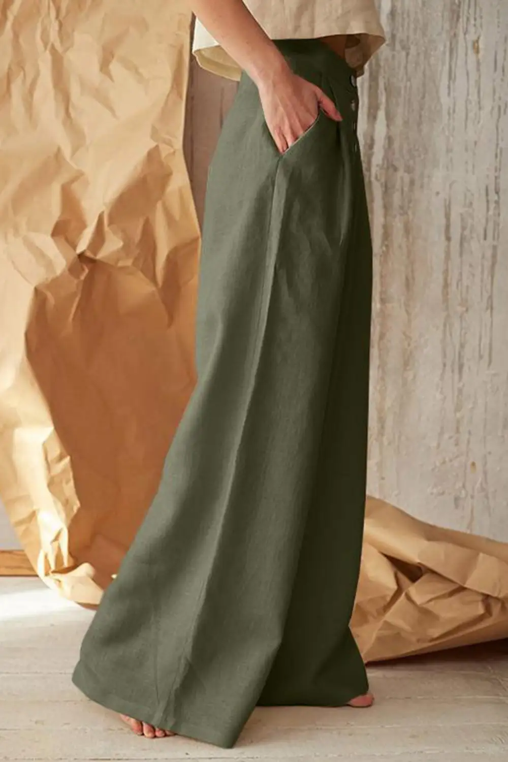 Button Front Wide Leg Pants