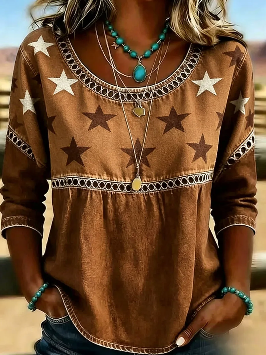 Women's Casual Round-Neck Printed Cotton-Linen Top