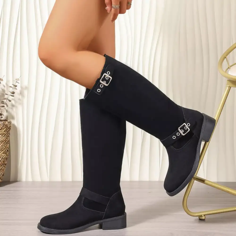 Textured Round Toe Block Heel Boots