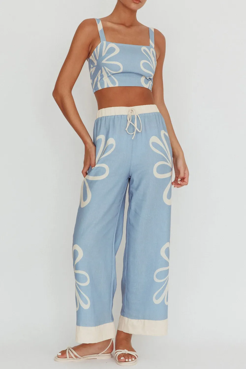 Soft Elastic Waist Plant Print Ladies Wide Leg Pants
