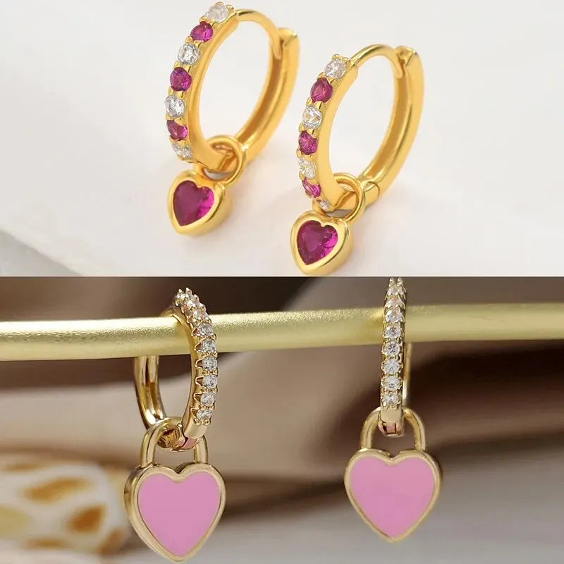 Irbano 2 Pairs Valentine's Day Small Drop Earrings Sweet Red Heart Shape With Cubic Zircon Shiny Gold-Color Exquisite Jewellry Set