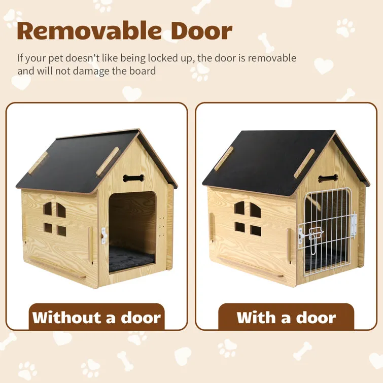 Byrn Wooden Pet House Indoor w/ Roof Dog house w/ Removable Mat and Lockable Door for Small dog cat