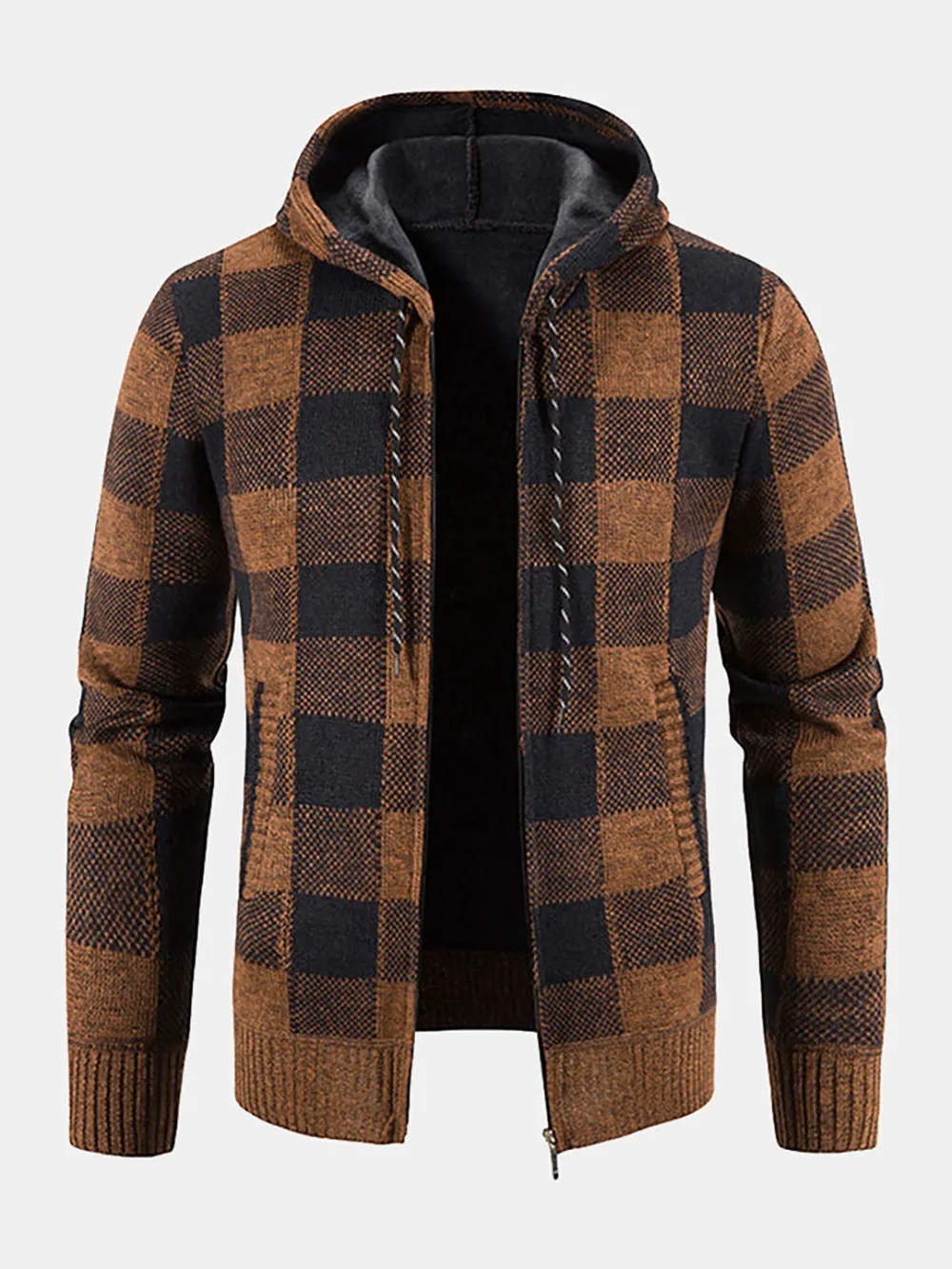 Plaid Zip Up Hooded Cardigan