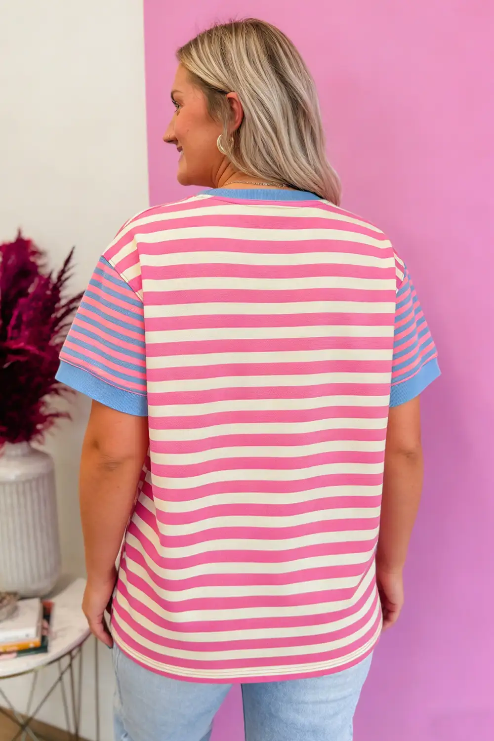 Stripe Contrast Patchwork Short Sleeve Loose Tee