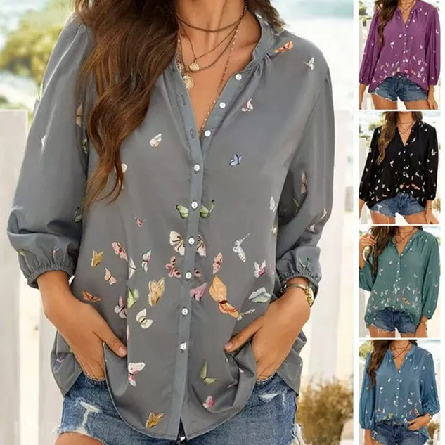 Colorful Butterfly Print Chiffon Long Sleeve Shirt