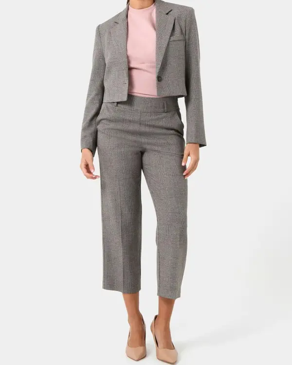 Checked Crop Blazer -Beige & Black